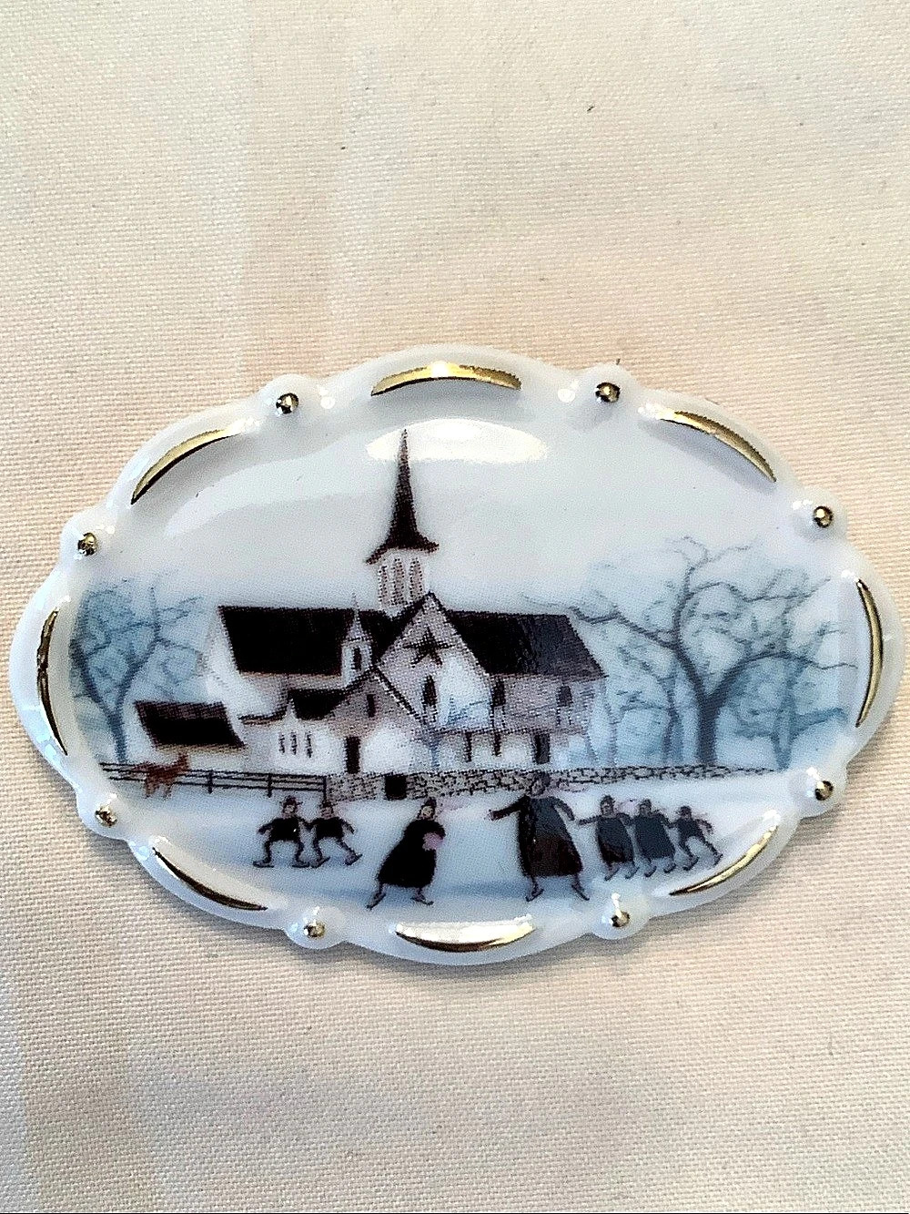 P Buckley Moss Society Skating at the Star Barn brooch Porcelain Brooch